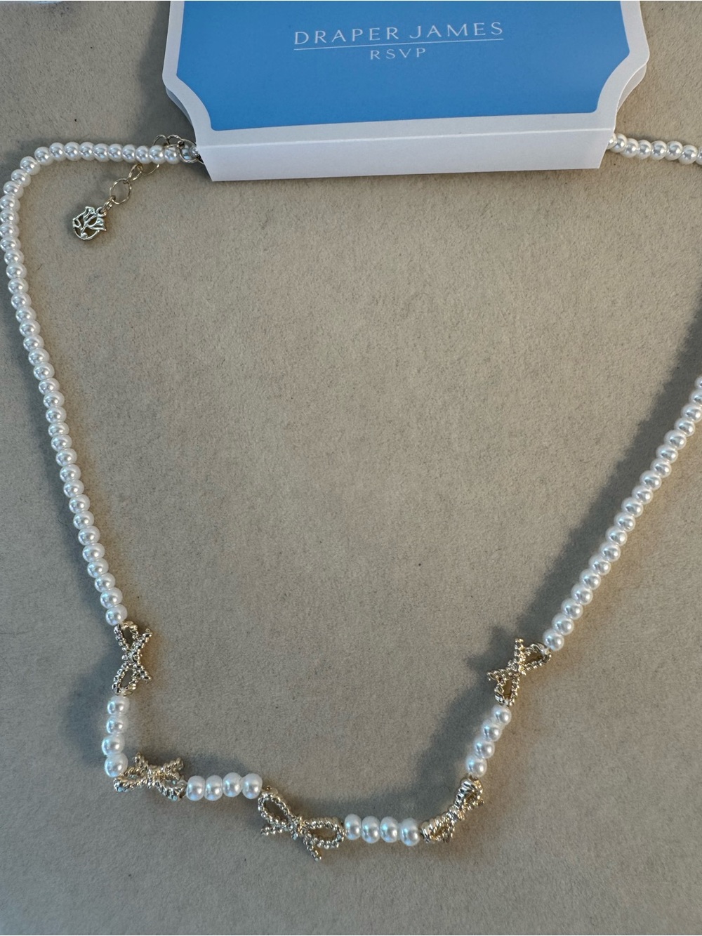 New Draper James White Pearl Necklace with Gold Bow Accents